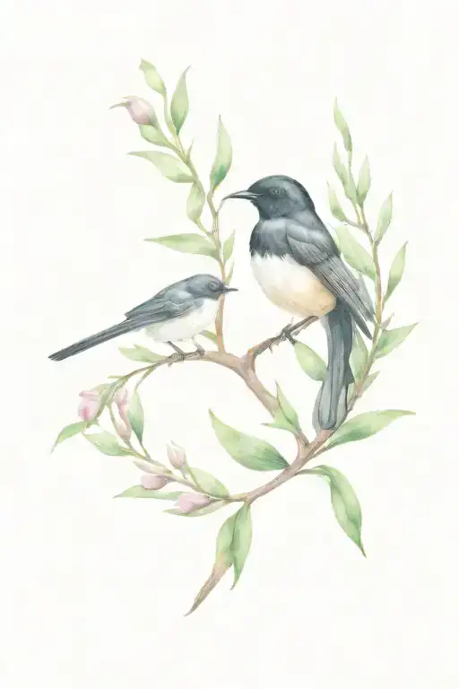 a willy wagtail bird in front of a Boronia plant growing tattoo design idea