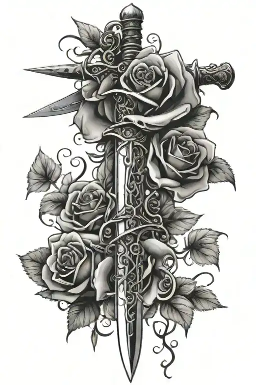 sword with rose vines wrapped around it tattoo design idea