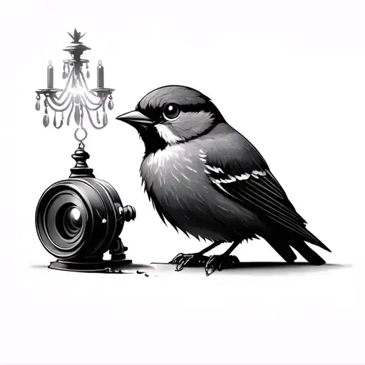 A small bird with electric lightning in the beak and a lens from the chandelier in the paws tattoo design idea