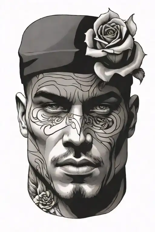 elegant mans face surrounded by roses tattoo design idea