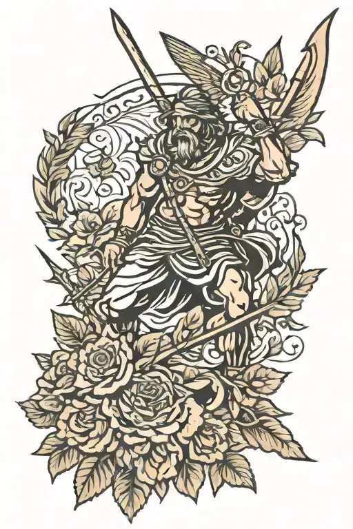 odysseus with spear and floral shirt and spear  tattoo design idea