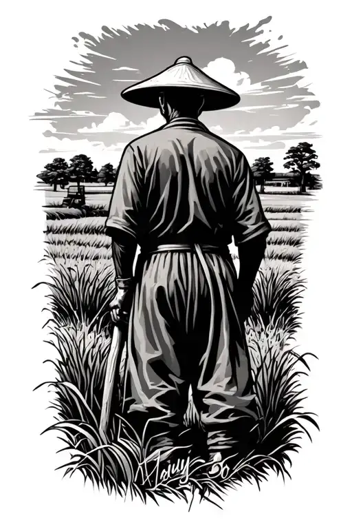 "Maybe so" old Chinese farmer working in field facing away tattoo design idea