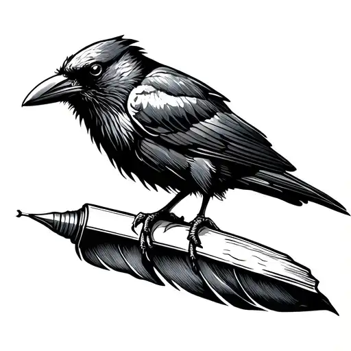 A stylized raven perched on a cracked quill pen, designed in a gothic, etched style reminiscent of old book illustration tattoo design idea