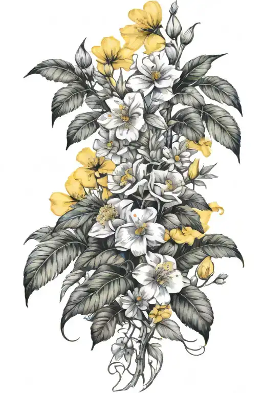 palmetto tree, roses, violets, yellow jasmine, and California poppies tattoo design idea