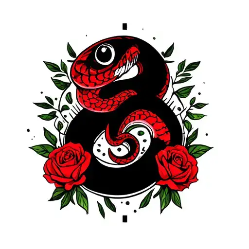 A red snake with black eyes that has red roses around it  tattoo design idea