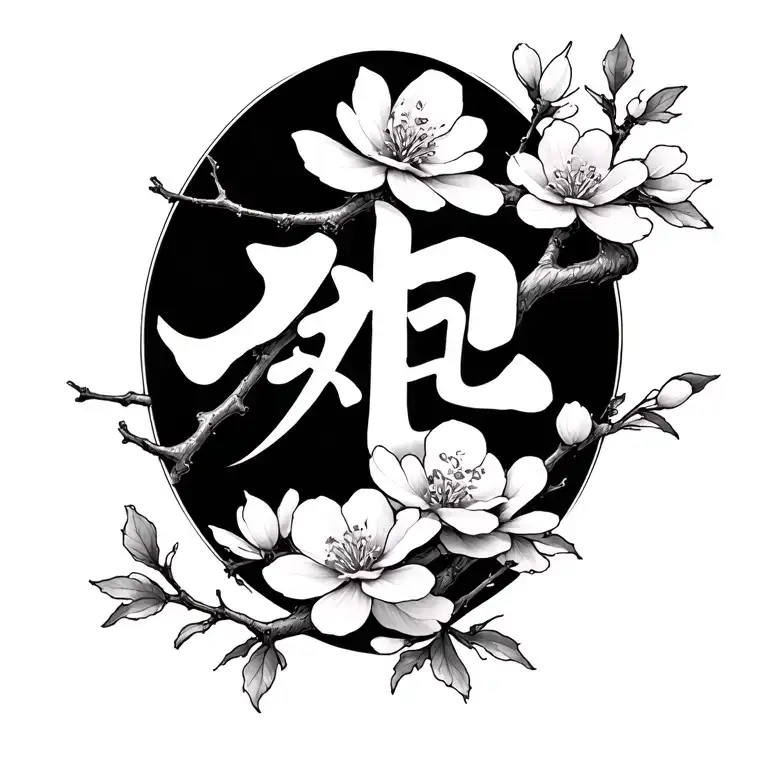 cherry blossom branch with kaizen japanese symbol incorporated tattoo design idea