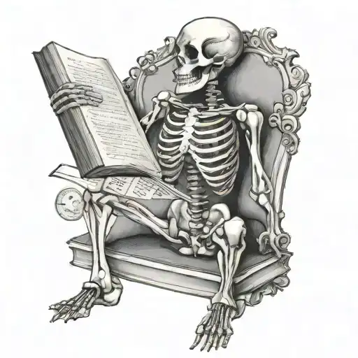 side view full body skeleton, holding an open book around chest height tattoo design idea