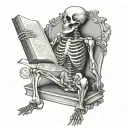 side view full body skeleton, holding an open book around chest height tattoo design idea