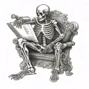 side view full body skeleton, holding an open book around chest height tattoo design idea