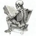 side view full body skeleton, holding an open book around chest height tattoo design idea