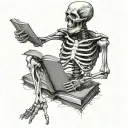 side view full body skeleton, holding an open book around chest height tattoo design idea