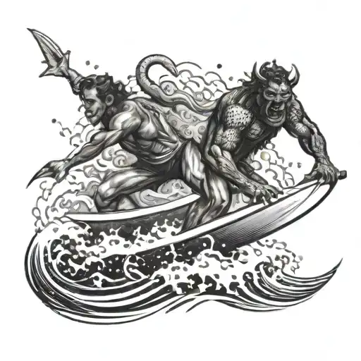 surfer fighting demons tattoo design idea