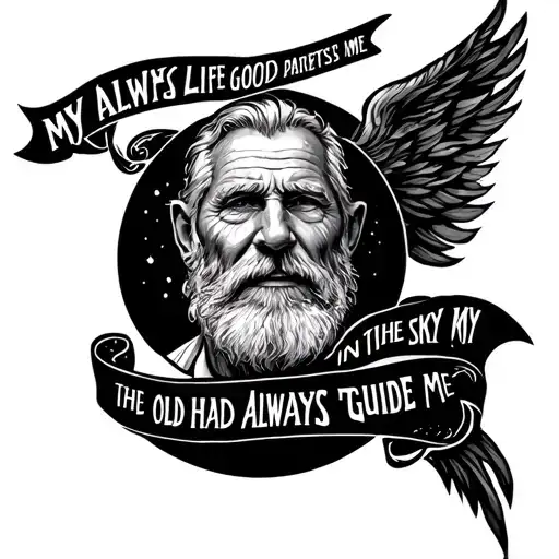 The phrase, always good life my parents gave me, the old man in the sky has always to guide me tattoo design idea