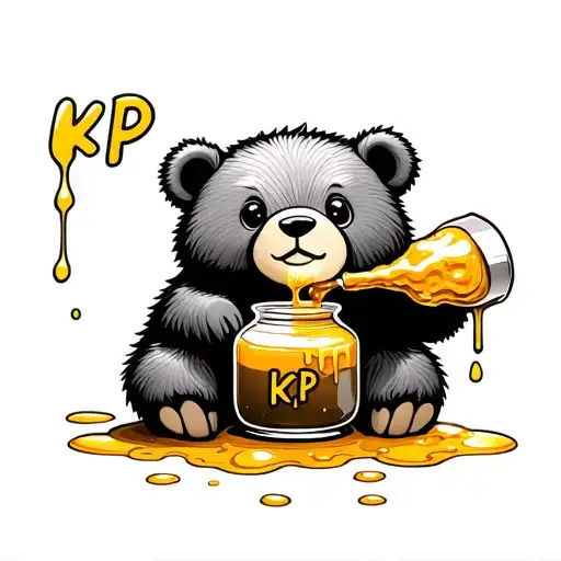 cute Bear eating honey from a honey pot with honey dripping over the side. the honey pot has KP written on it.  tattoo design idea
