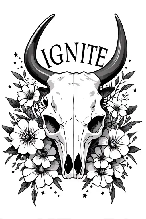 bull skull, with words IGNITE with flowers and stars tattoo design idea