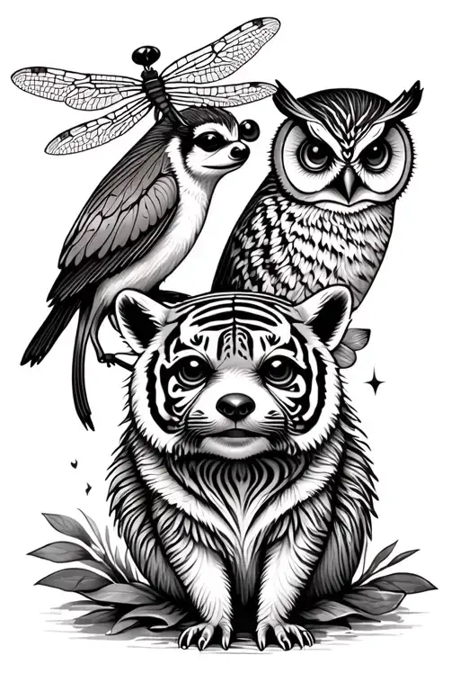 dragonfly, meercat, sloth, owl and tiger spirit animals tattoo design idea