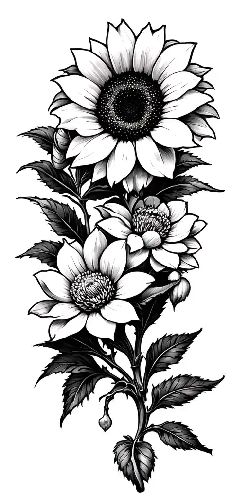 negative space magnolia, sunflower and nightshade  tattoo design idea