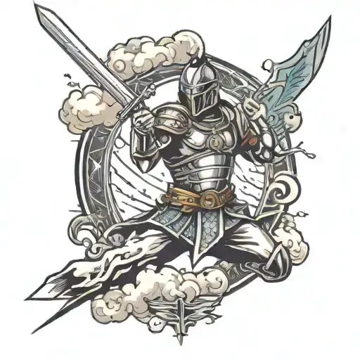 A powerful tattoo design of a fierce warrior wielding a sword and shield, with a background of swirling clouds and lightning bolts tattoo design idea