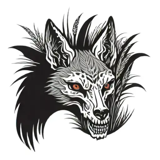 wolf skull surrounded by ears of wheat and field grass tattoo design idea