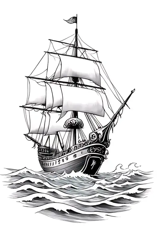 ship black perl on sea waves and compas, treasure etc. tattoo design idea