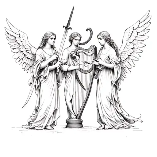 three angels the first angel holding a sword the second angel hold a heart the third angel holding a harp tattoo design idea