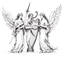 three angels the first angel holding a sword the second angel hold a heart the third angel holding a harp tattoo design idea