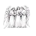 three angels the first angel holding a sword the second angel hold a heart the third angel holding a harp tattoo design idea