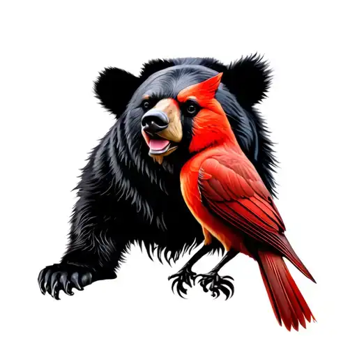 A realistic portrait of a Louisiana black bear and a red cardinal in a Celtic tribal style tattoo design idea