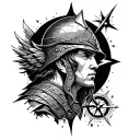 Warrior without helmetInner struggle, good and evil, Journey, Stars, Archangel Michael, Compass, Storm, Shadow and light tattoo design idea