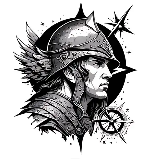 Warrior without helmetInner struggle, good and evil, Journey, Stars, Archangel Michael, Compass, Storm, Shadow and light tattoo design idea