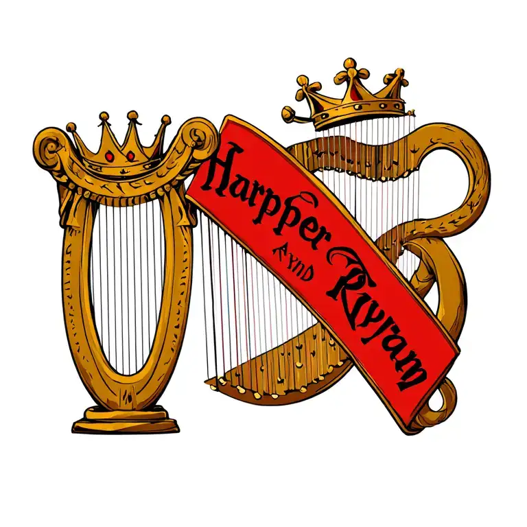 harp with crown surrounded by the names Harper and Ryan  tattoo design idea
