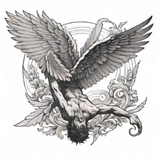 Icarus on his back large turned from behind with wings open as he rises or falls tattoo design idea