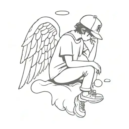 boy with angel wings sitting on a cloud with his head down and letter K on his cap tattoo design idea