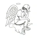 boy with angel wings sitting on a cloud with his head down and letter K on his cap tattoo design idea