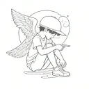 boy with angel wings sitting on a cloud with his head down and letter K on his cap tattoo design idea