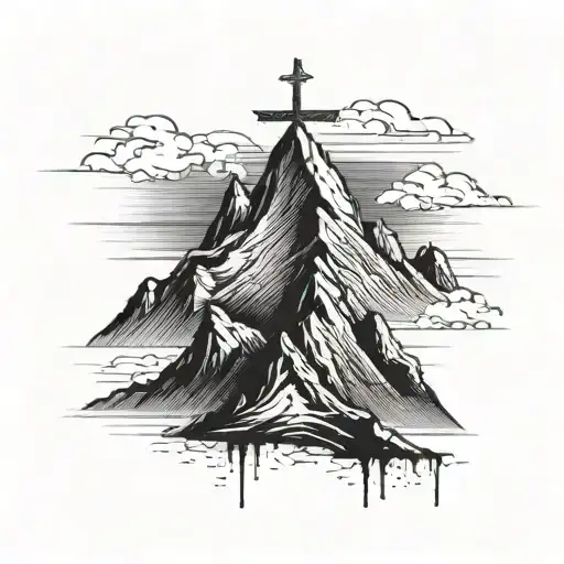 single mountain with cross on peak and dark gloomy clouds tattoo design idea