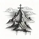 single mountain with cross on peak and dark gloomy clouds tattoo design idea