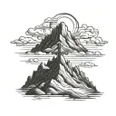 single mountain with cross on peak and dark gloomy clouds tattoo design idea