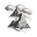 single mountain with cross on peak and dark gloomy clouds tattoo design idea