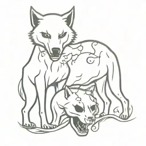 tattoo sketch, two standing black wolves entwined with vines gnawing a human skull, simple lines tattoo design idea