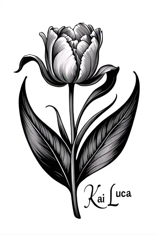 a tulip flower with leaf and the name Kai Luca integrated in the leaf  tattoo design idea