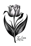 a tulip flower with leaf and the name Kai Luca integrated in the leaf  tattoo design idea