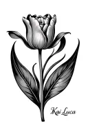 a tulip flower with leaf and the name Kai Luca integrated in the leaf  tattoo design idea