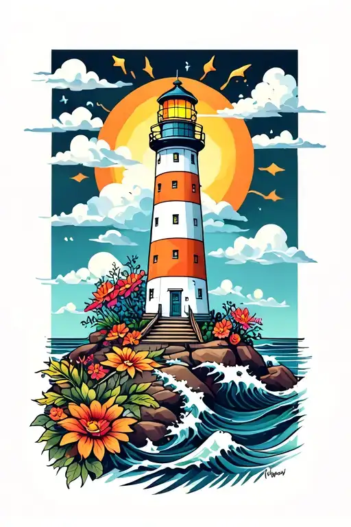 lighthouse on rocks with sun , flowers,  and waves tattoo design idea