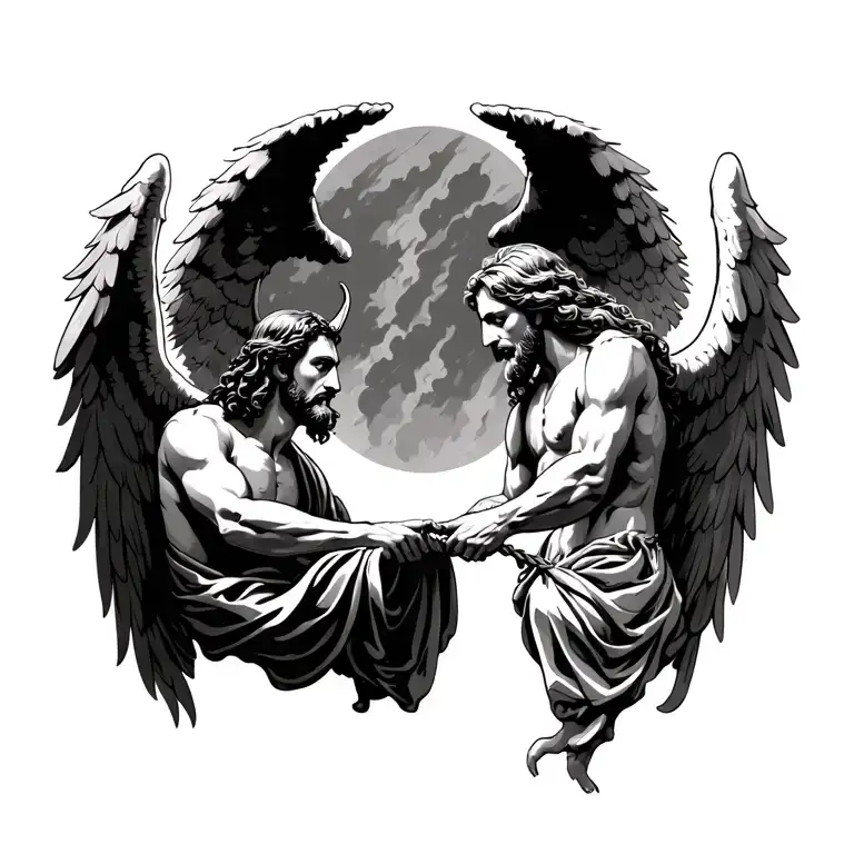 Jesus and devil playing tug of war with angel wing tattoo design idea
