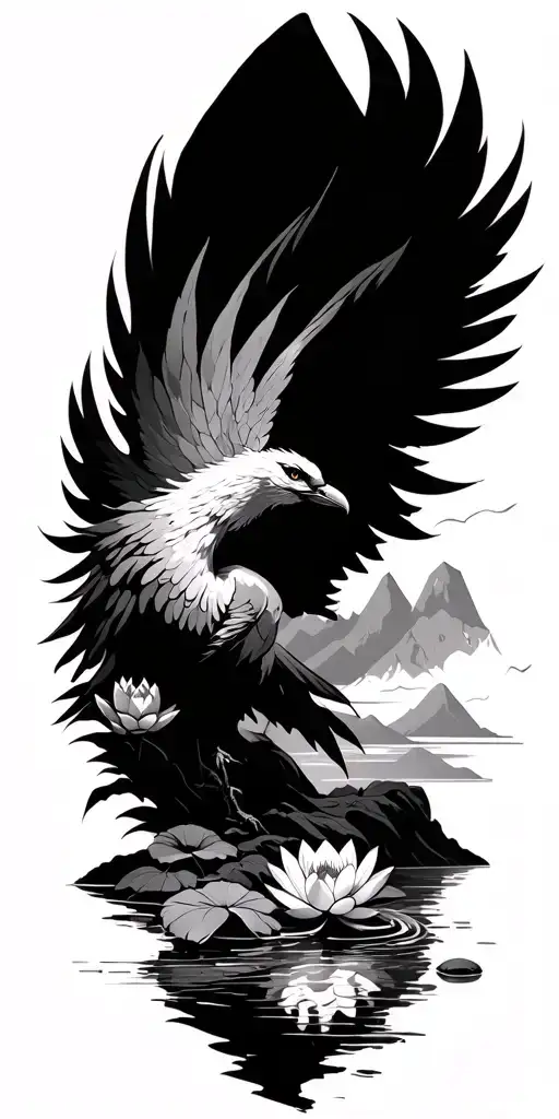 phoenix rising with wings spread with a mountain and river background and lotus flowers on the river bed tattoo design idea