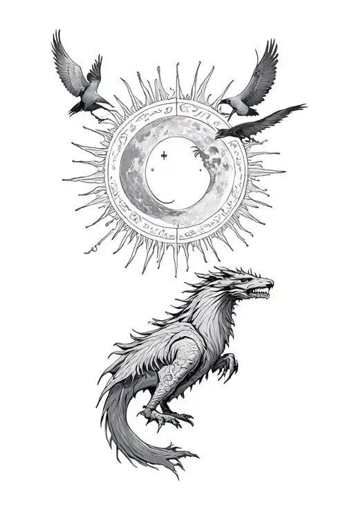 Skadi and Hadi hunting sun and moon over a Vegvisir. underneath a viking Style Dragon, and the ravens hugin and munin. tattoo design idea
