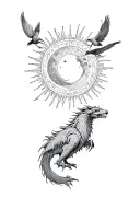 Skadi and Hadi hunting sun and moon over a Vegvisir. underneath a viking Style Dragon, and the ravens hugin and munin. tattoo design idea