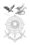 Skadi and Hadi hunting sun and moon over a Vegvisir. underneath a viking Style Dragon, and the ravens hugin and munin. tattoo design idea