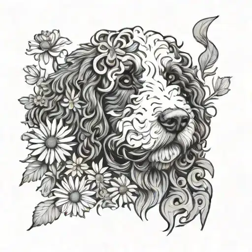bernedoodle in a field of daisys tattoo design idea